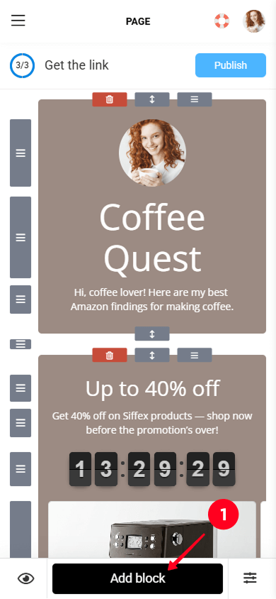 Tapping the Add block button in the Amazon Storefront page editor in Taplink