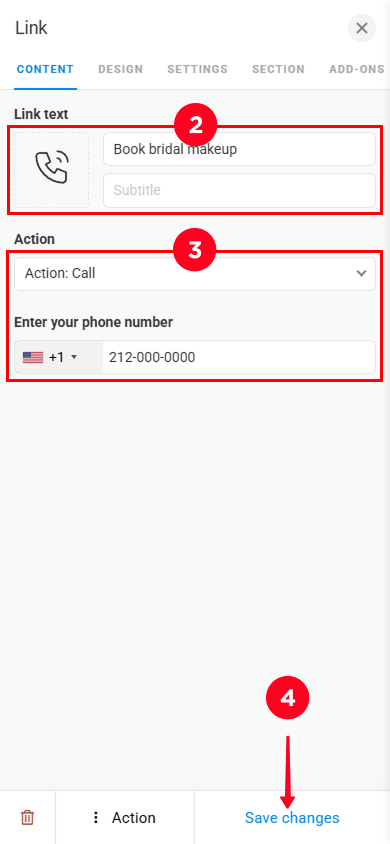 Selecting an icon, entering button text and description, choosing a click action, and filling in details in button settings