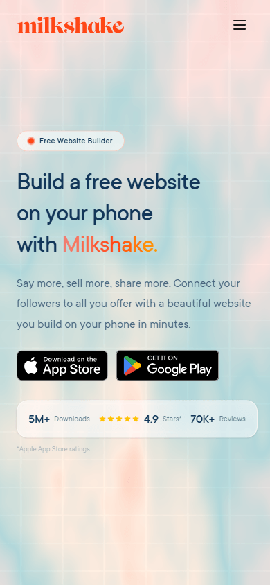 A homepage of Milkshake, a mobile website builder