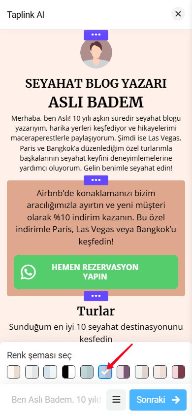 Taplink AI arayüzünde turuncu renkli bir sayfa