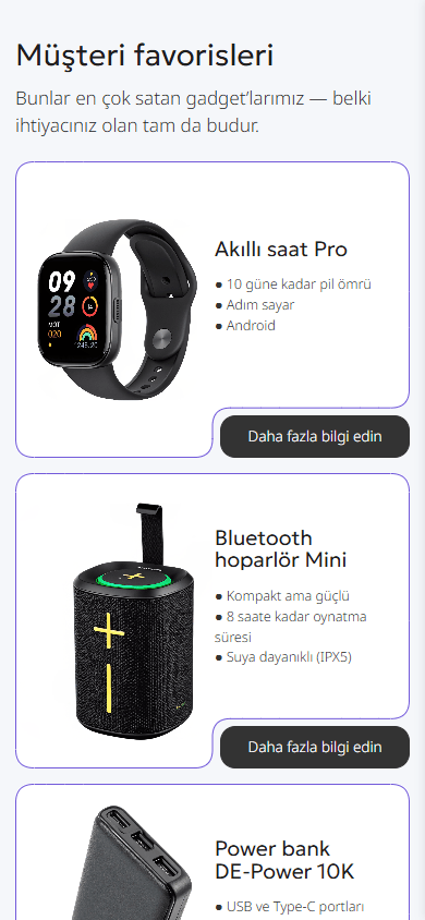 Gadget mağazasının bio link sayfası örneğinin orta kısmı