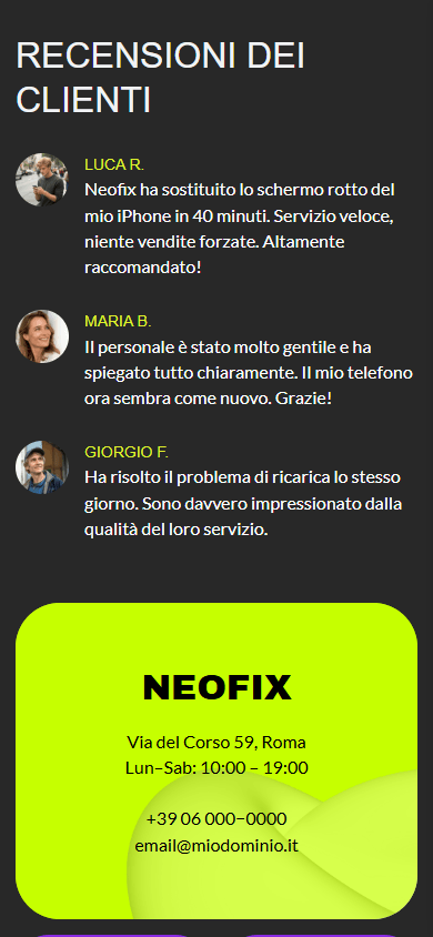 Parte inferiore della pagina di link in bio di un negozio di riparazione telefoni