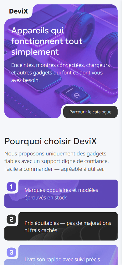 Partie supérieure de l’exemple de page de link in bio d’une boutique de gadgets