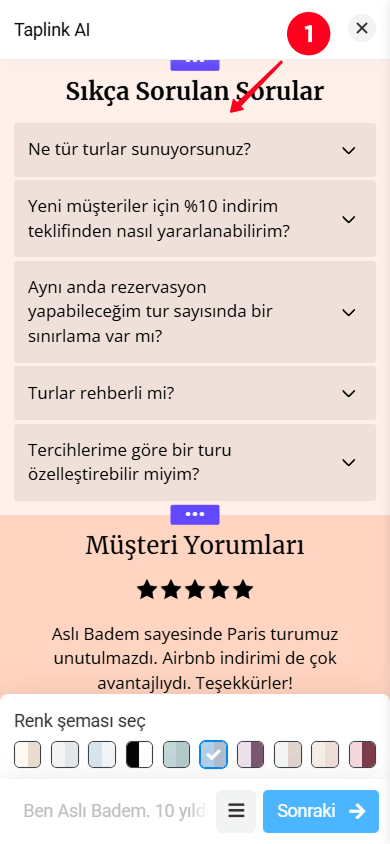 Taplink AI sayfa arayüzünde SSS bölümüne dokunma