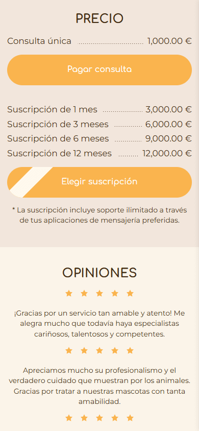 Parte inferior del ejemplo de Linktree de la clínica veterinaria