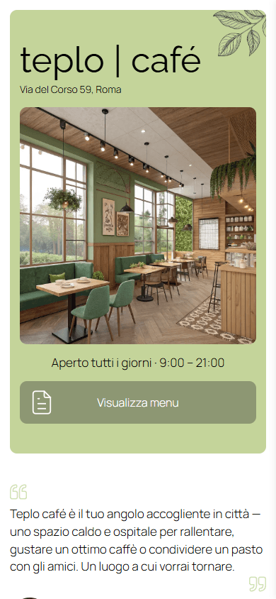 Parte superiore dell’esempio della pagina di link in bio di un caffè