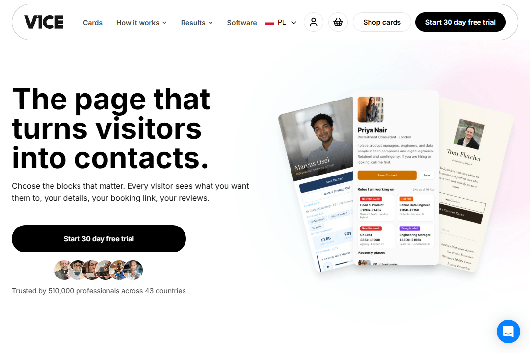 Digital business card designs on the V1ce homepage