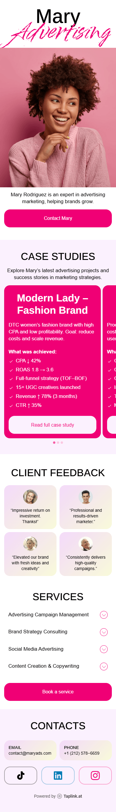An example of a digital advertising expert created using Taplink