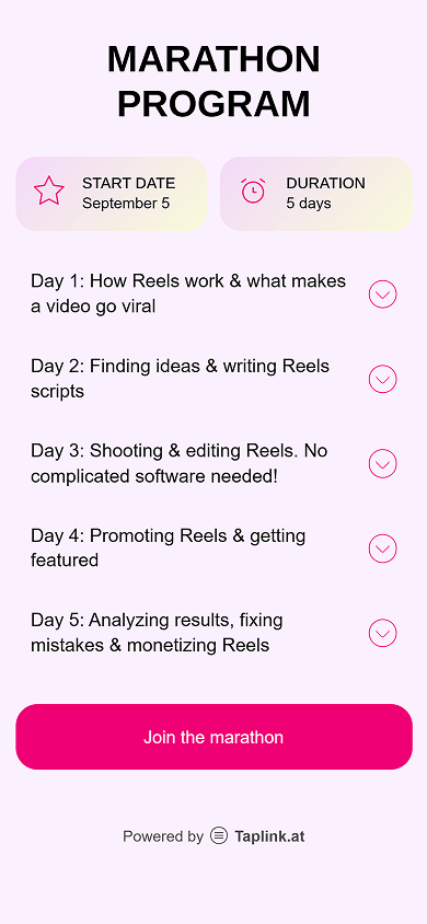 Bottom of a course creator’s page with an expandable five-day program created with Taplink’s FAQ block