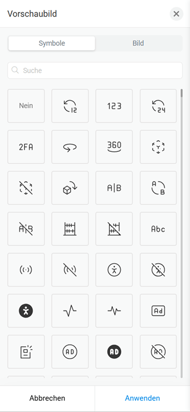 Eine Symbolbibliothek im Block „Medien und Texte“ von Taplink