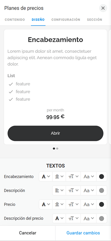Pestaña de personalización del diseño del bloque Planes de precios que muestra la configuración del texto