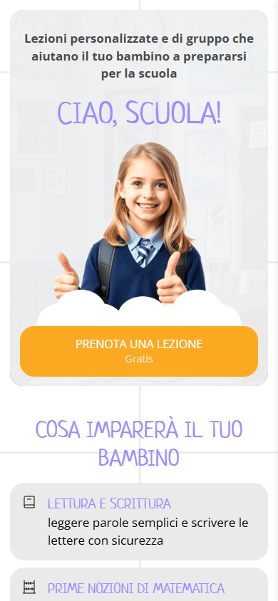 Parte superiore dell’esempio della pagina di link in bio di una scuola online per bambini