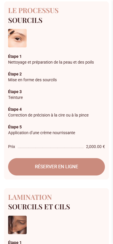 Le milieu de la page Linktree de l’esthéticienne