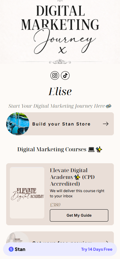 Stan Store selling digital marketing courses