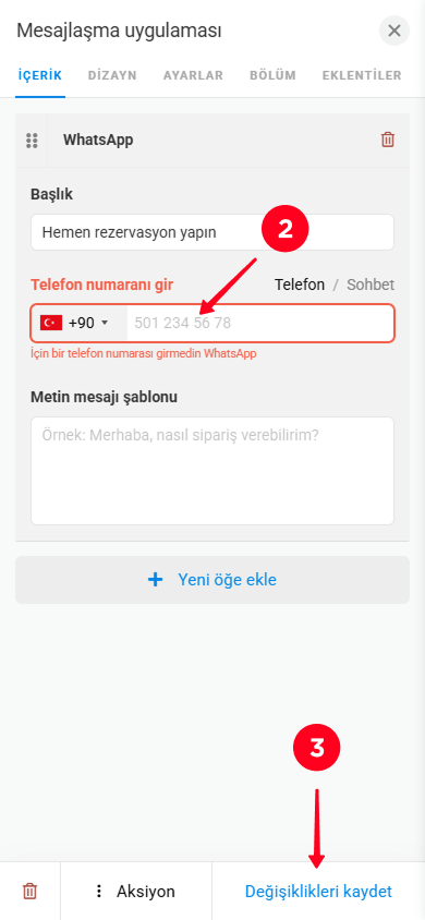 Telefon numarası girme ve Mesajlaşma uygulaması blok ayarlarında Değişiklikleri kaydet düğmesine dokunma