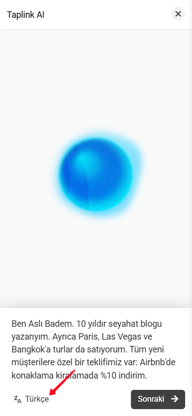 Taplink AI’da dil ayarları düğmesine dokunma