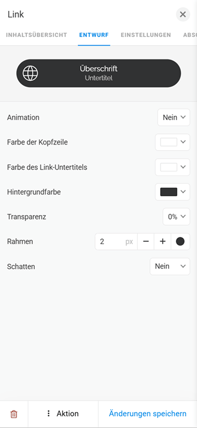 Designeinstellungen des Blocks „Link“ in Taplink