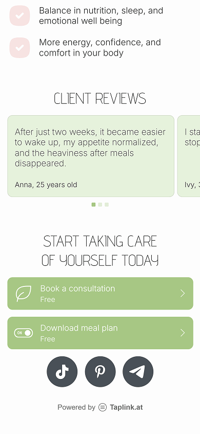 Bottom of a nutritionist’s page with matching green cards and buttons