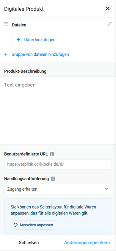 Seite zur Anpassung eines digitalen Produkts mit Einstellungen für Datei, Beschreibung, URL, Button und Aussehen