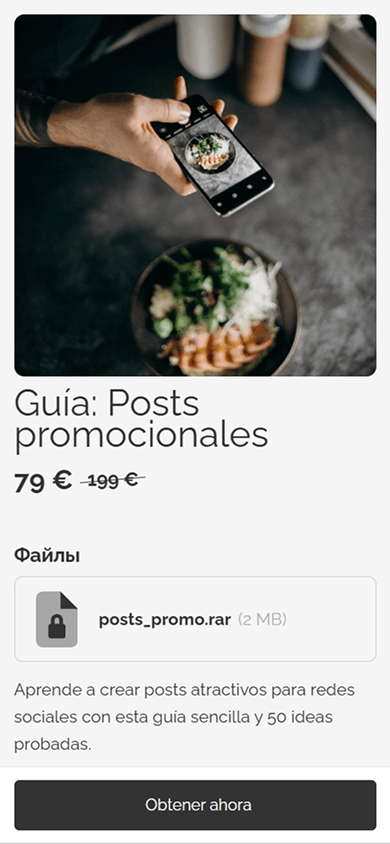 Página de un producto digital con imagen de portada, nombre, precio, descripción y archivo