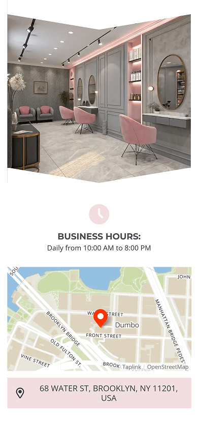 Bottom of a beauty salon’s website with business hours and a location map