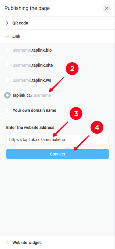 Choosing a domain, entering a username, and tapping Connect on the publishing page
