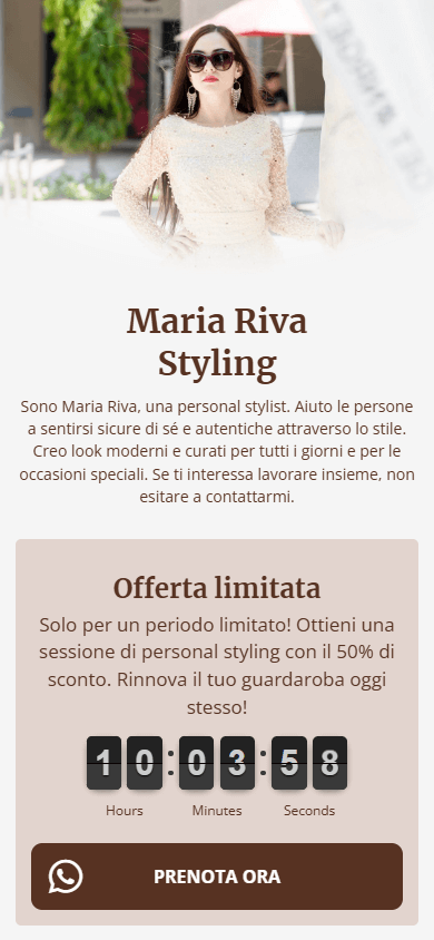 Una parte della pagina generata in Taplink AI con un’immagine del profilo, una descrizione e un’offerta limitata