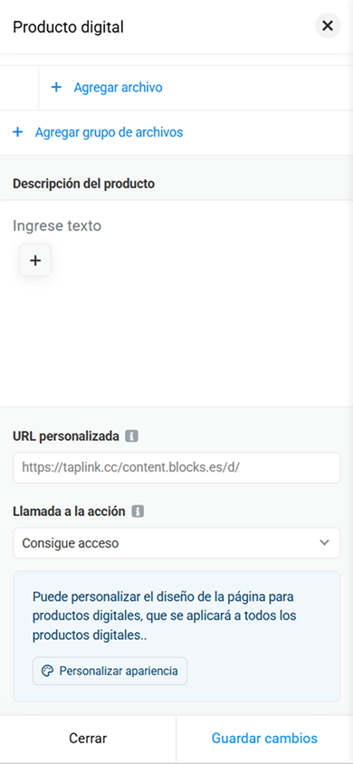Página de personalización de un producto digital que muestra la configuración del archivo, la descripción, la URL, el botón y la apariencia