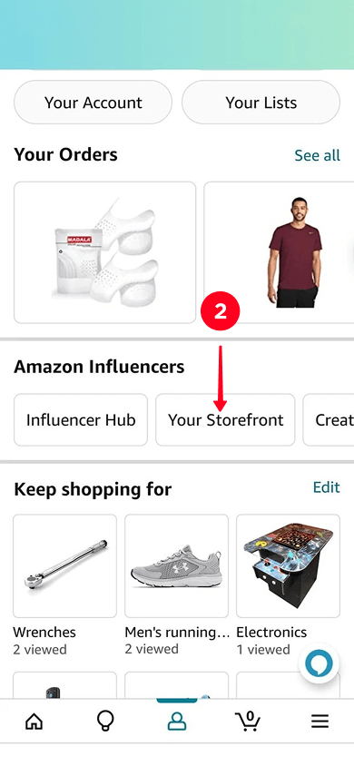 Selecting the Your Storefront tab in the Amazon app