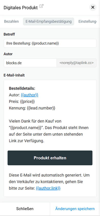 Tab mit Einstellungen für den per E-Mail versendeten Zahlungsbeleg im Block „Digitale Produkte“