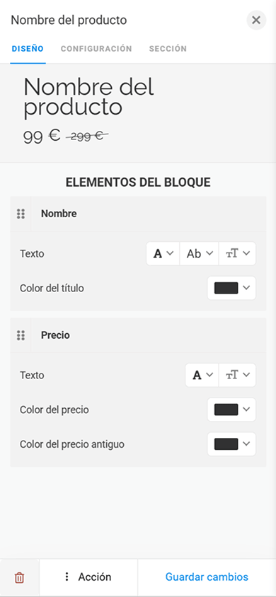 Opciones de diseño del bloque Nombre del producto en la configuración de apariencia del bloque Productos digitales