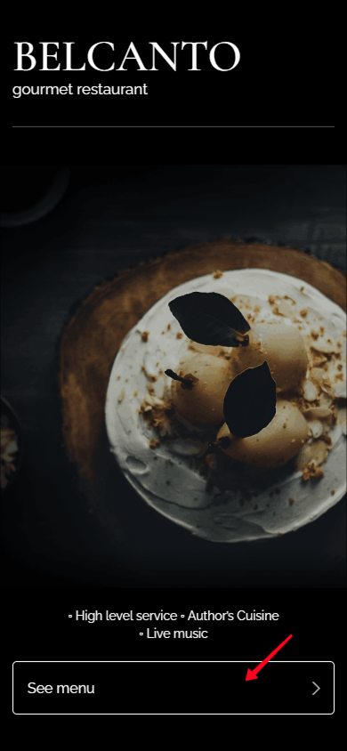 A hero section of the restaurant’s Taplink page with a menu button highlighted