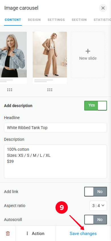 Tapping Save changes to save the updated clothing catalog