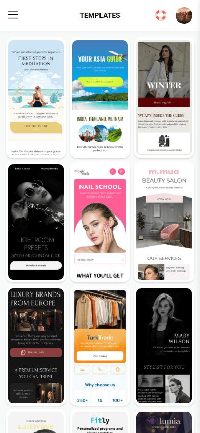 First part of the link in bio page templates available in Taplink