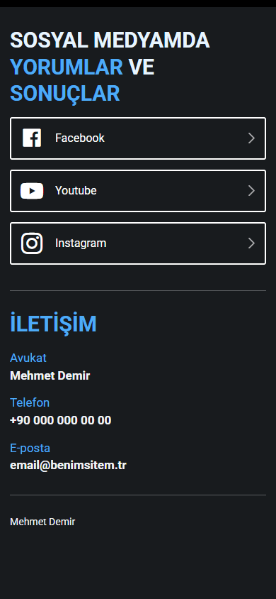 Avukatın Linktree sayfasının alt kısmı