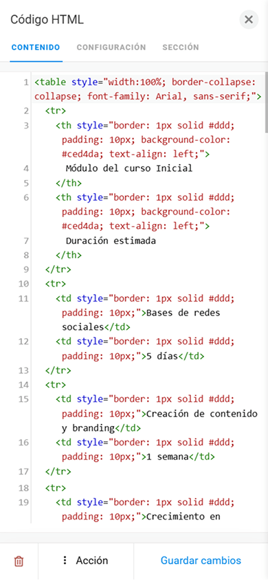 Página de configuración del bloque Código HTML que muestra el código para crear una tabla