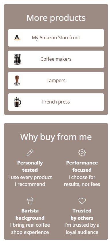 The middle of the Amazon page built with the Taplink link in bio tool