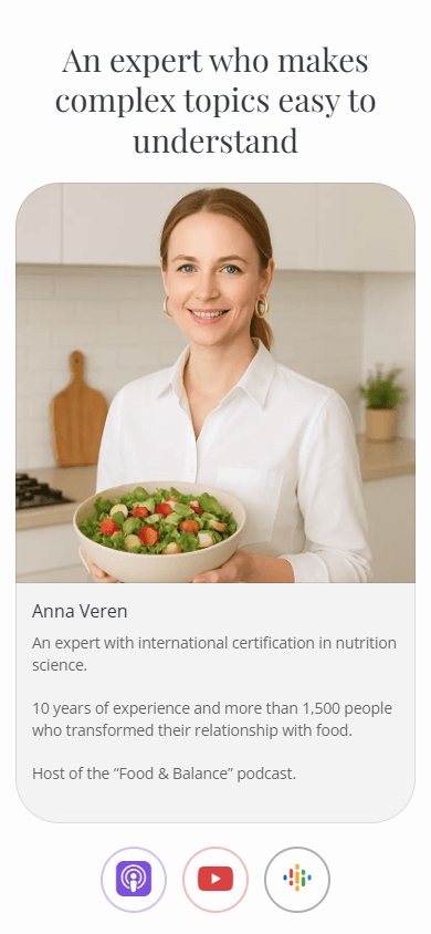 A health expert’s About page with qualifications and podcast links