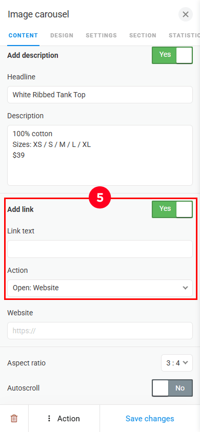 Enabling Add link for a clothing product in the Image carousel
