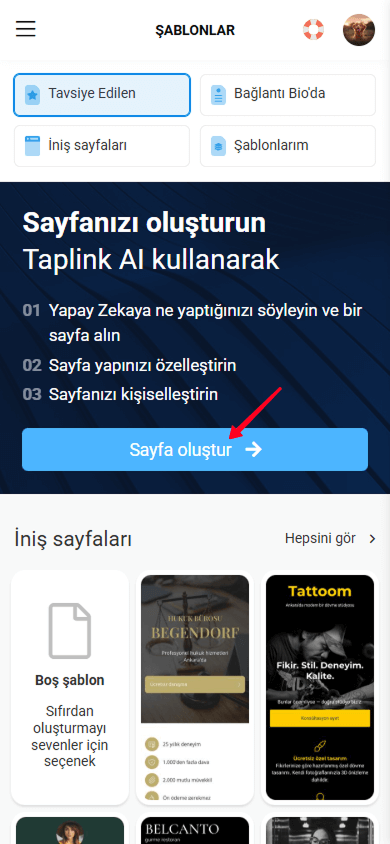 Taplink arayüzünde Sayfa oluştur düğmesine dokunma