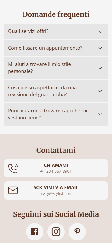 Una parte della pagina creata con Taplink AI che mostra una sezione Domande Frequenti, pulsanti di contatto e dei social media