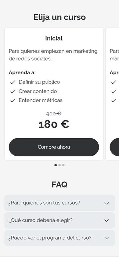Parte central de la página de Taplink de un especialista en marketing digital, con los bloques Texto, Planes de precios y FAQ