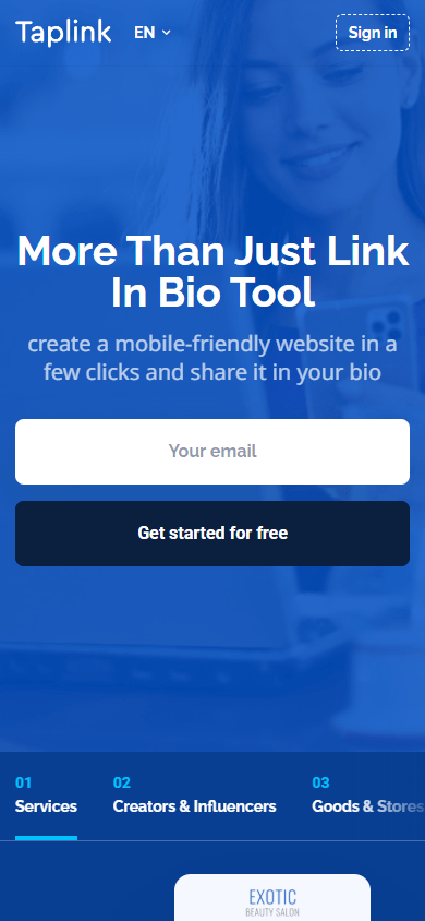 A homepage of Taplink, a mobile website and landing page builder