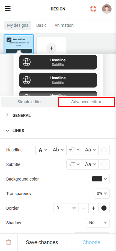 Taplink’s Advanced editor to edit clothing website design