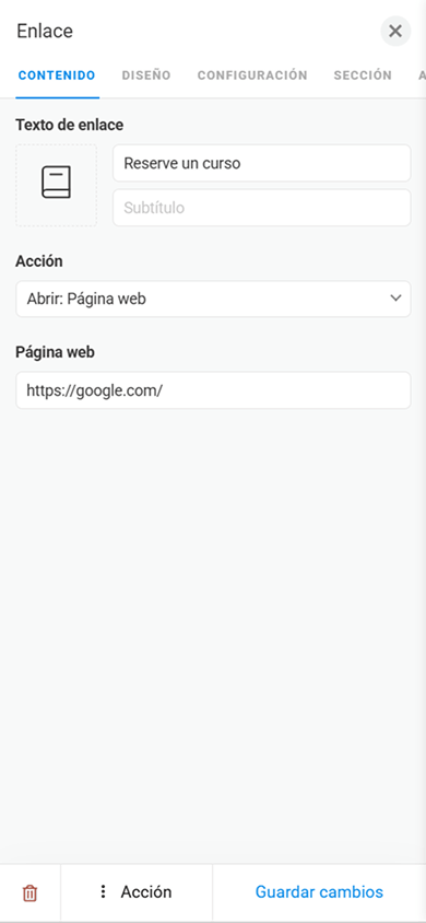 Configuración del contenido del bloque Enlace en Taplink