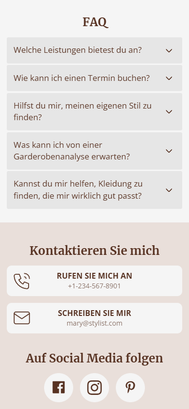 Ein Teil der mit Taplink AI erstellten Seite mit einem FAQ-Abschnitt sowie Kontakt- und Social-Media-Schaltflächen