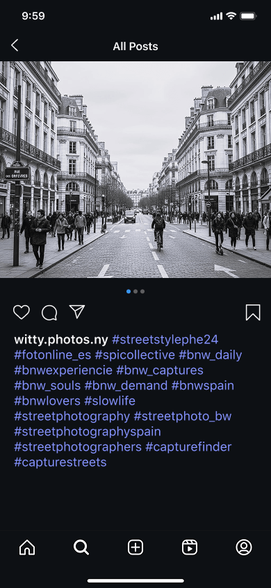 Foto Instagram sebuah jalan di Spanyol dengan tagar fotografi jalanan di profil fotografer