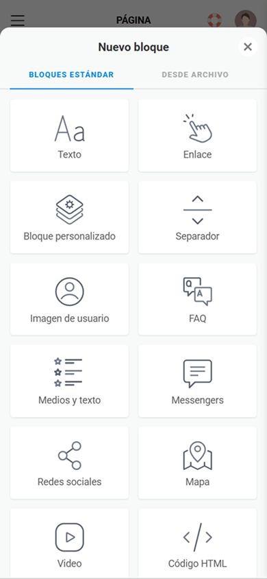 Primera parte de los bloques de contenido disponibles en Taplink