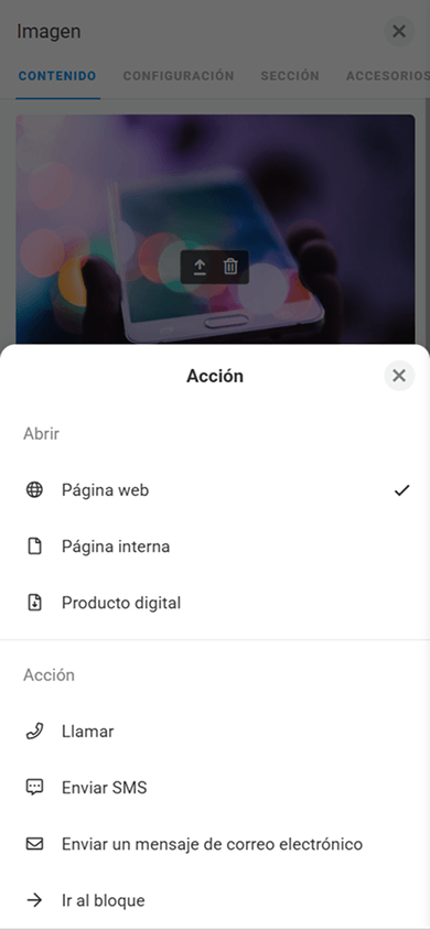 Lista de acciones al hacer clic disponibles en la configuración del bloque Imagen