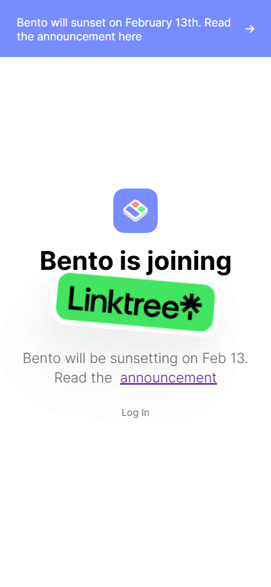 The Bento.me link in bio tool home page announcing its acquisition by Linktree